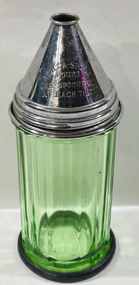VINTAGE DINER/SODA FOUNTAIN-TILT-A-SPOON SUGAR DISPENSER Green Depression Glass - Image 1 of 4