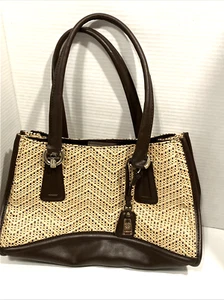 Vintage Liz Claiborne Summer Handbag Leather & Weave Brown & Tan - Picture 1 of 6