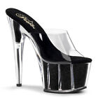 Pleaser Adore-701G Women's Black 7" Heel Platform Glitter-Filled Slide Shoes
