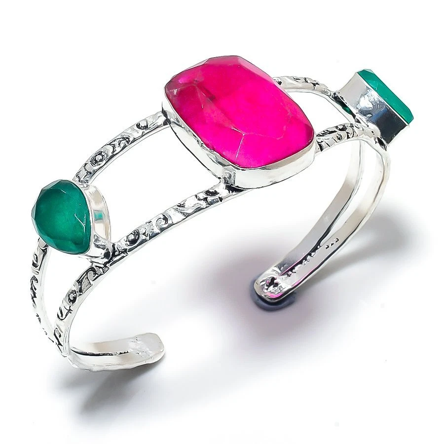 Ruby(Simulated), Emerald Gemstone 925 Silver Cuff Bracelet Adjustable R-5009 - Image 1 of 1