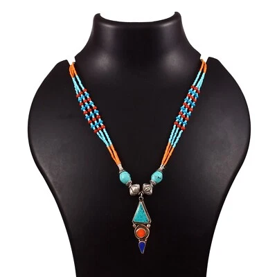 Turquoise, Coral Gemstone Tibetan 925 Sterling Silver Necklace Jewelry 18 inch - Image 1 of 4