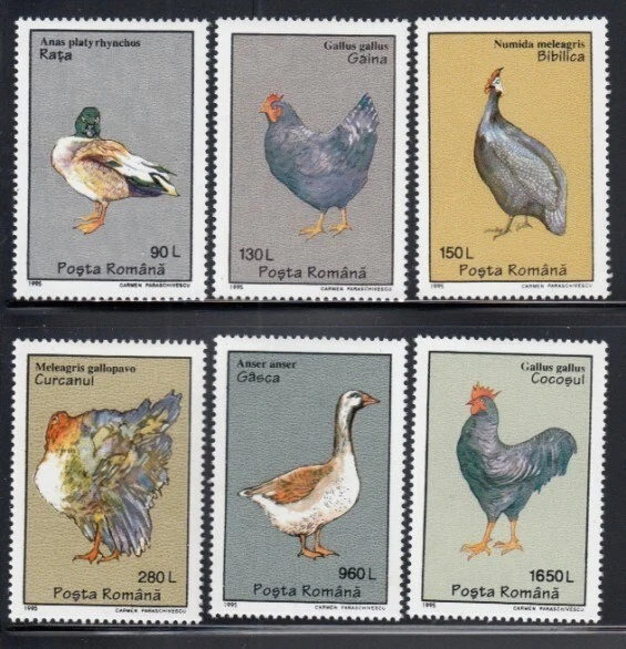 ROMANIA Mallard, Hen, Guineafowl, Turkey, Goose & Rooster MNH set - Image 1 of 1