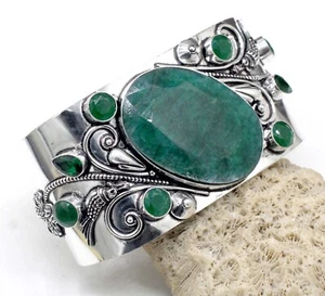 Green Ruby & Emerald Gemstone 925 Sterling Silver Cuff Bracelet ADJ-Bangle - Picture 1 of 8