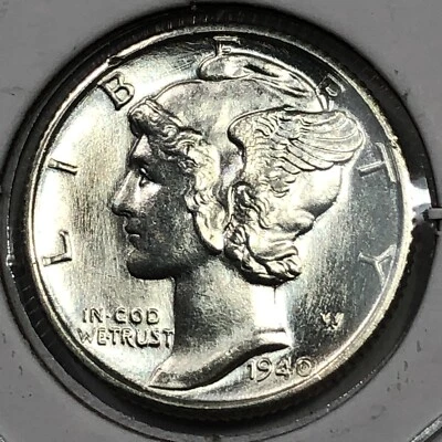 Moneda de diez centavos de plata Mercury 1940-D con bandas divididas - sin circular #19710 Foto 1 de 3