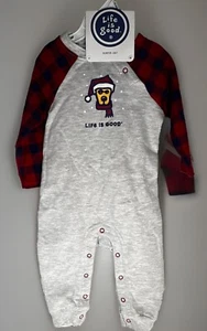 NWT 6/9 Months Life Is Good Infant Baby Christmas Plaid Romper & Santa Hat Dog - Picture 1 of 11