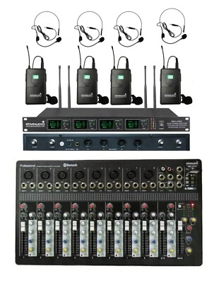 10-Channel Bluetooth Mp3 Mixer Powered Mixing 4CH UHF Karaoke Headset Microphone - Image 1 of 4
