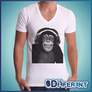 T-SHIRT COLLO V SCIMMIA CUFFIE MONEY HEADPHONES FUNNY NO HAPPINESS NO MY T-SHIRT - Imagen 1 de 1