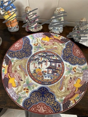 "Placa Cargador Grande Japonés Imari Ware Coloridas Pájaros Flores Templo 12"" de Colección" Foto 1 de 4