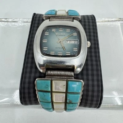 Native American Turquoise Mop Cobblestone Watch Band W/ ‘73 Bulova Automatic Men - Image 1 of 4