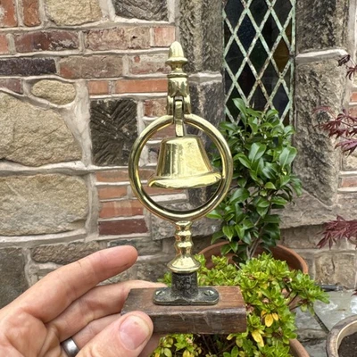 Vintage Brass Small Bell Table Dinner Bell Desk School Church Bell Wood Detail - Image 1 of 4
