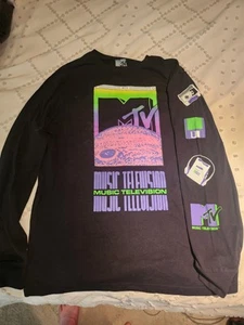 MTV MUSIC TELEVISION Retro Men’s Long Sleeve T-Shirt Size L Black/ Purple Moon - Picture 1 of 5