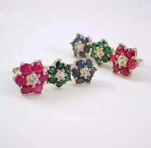 2 Ct Round Simulated Ruby Emerald Sapphire Cuff Earrings 14K Yellow Gold Plated - Picture 1 of 5