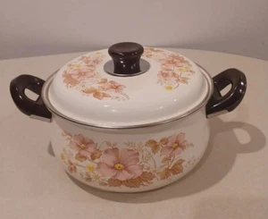 Vintage Enamel Flower Porcelain Enamel Cooking Pot Retro Prop - Picture 1 of 10