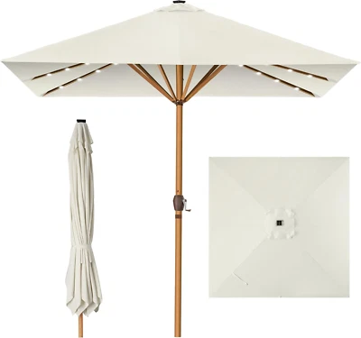 9Ft Deep Square Solar Powered LED Lighted Patio Umbrella W/Faux Wood Texture, Uv - Image 1 of 4