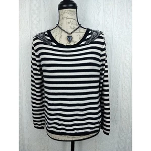 HM Sweater Size Small Black White Striped Long Sleeve Gem Lace Embellished - Picture 1 of 5