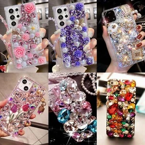For iPhone 17 Pro Max 16 15 14 13 12 Bling Diamond Rhinestone Rose Case W/Strap - Picture 1 of 13