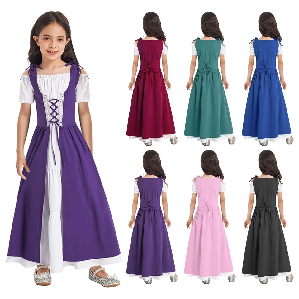 UK Kid Girl Renaissance Dress Medieval Halloween Costume Flare Sleeve Ball Gown - Image 1 of 4