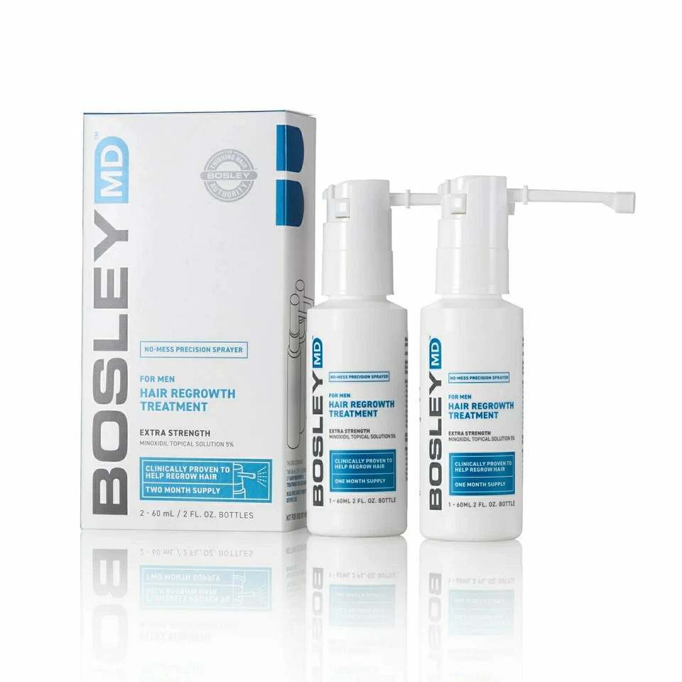 Bosley Men's Hair Re-growth Assistance LIQUID Spray Bottle 2x 60g 2-month Supply