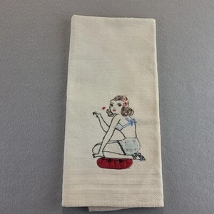Vintage Pinup Girl Risqué Naughty Lady Brunette Leinen Baumwolle Print Geschirrtuch - Bild 1 von 6