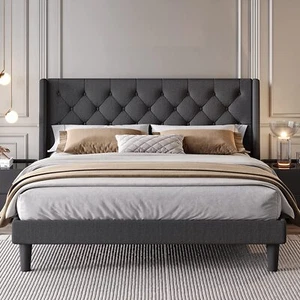 Fabric Platform Bed Frame with Upholstered Headboard and Wingback,Dark Grey - Picture 1 of 29