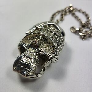 Skull Skeleton Pendant Necklace Silver Tone Sparkly Rhinestones Jewellery 