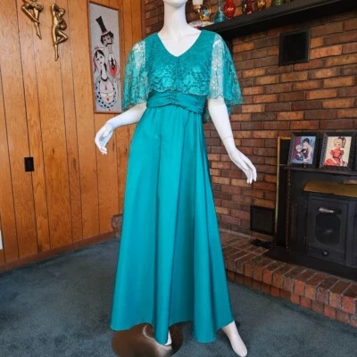 Vtg 70s Emerald Green Mike Benet Capelet Evening Dress Formal Prom Ball Gown M - Image 1 of 4