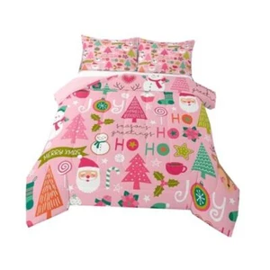 Pink Christmas Comforter Set, Cartoon Santa Claus Bedding Set Full Multi 18 - Picture 1 of 7