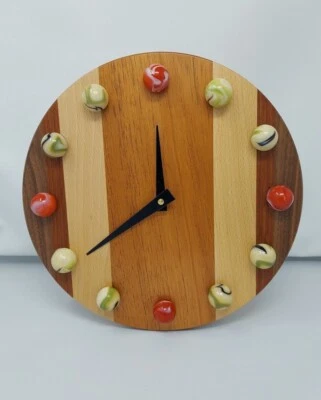 Handmade Marble Wall Clock - Mid Century 11" - Multi Wood Accent - Brand New! - Image 1 of 4