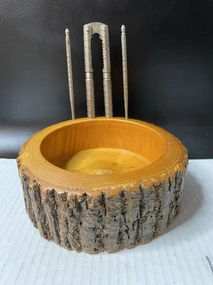 Rustic Wood Tree Bark Nut Bowl Nutcracker Picks Retro Christmas Vintage - Image 1 of 4