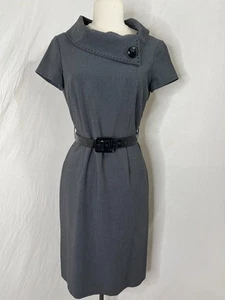 Tahari Office Goth Dress 4 Solid Gray Belted Short Sleeve Arthur S. Levine PinUp - Picture 1 of 8