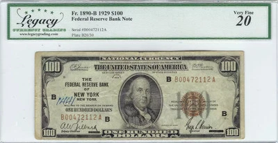 $100 1929 Small Federal Reserve Bank Note New York 1890-B Legacy 20 - Image 1 of 2