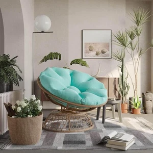 Yellow Wicker Outdoor Patio Papasan Lounge Chair with Turquoise Cushion - Picture 1 of 11