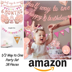 Girls Half Way To One Birthday Party Decorations Banner Cake Topper Balloons - Picture 1 of 8