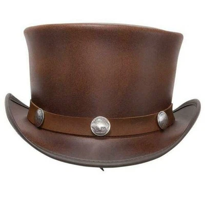 Brown Western Steampunk Victorian Leather Top Hat with Buffalo Nickel Conchos - Image 1 of 3