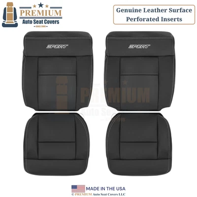 2004-2008 For Ford F-150 Genuine Leather Perf. Seat Covers Black W/ White Stitch - Image 1 of 4
