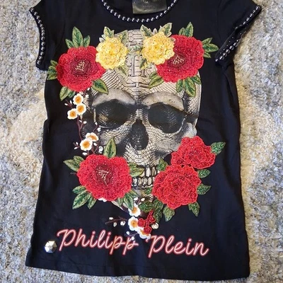 Футболка Phillip Plein Couture черная с вышивкой бисером цветочный череп размер XS - Изображение 1 из 4