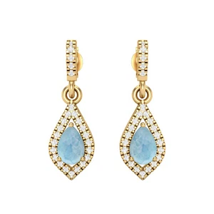 14k Yellow Gold Larimar 6x4MM Pear Shape Chandelier Teardrop Women Earrings - Picture 1 of 6