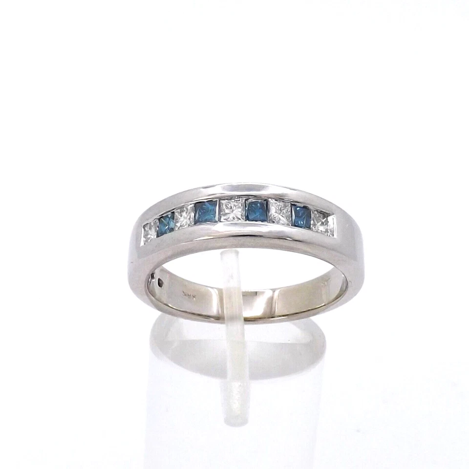 14k Gold Blue Diamond Wedding Anniversary Band Ring Unisex Princess Cut Setting - Image 1 of 4