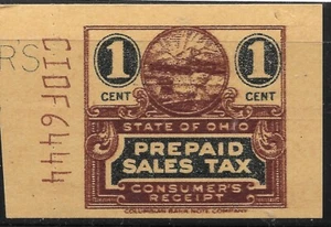 1939 US OHIO REVENUE Green/brown PREPAID SALES TAX STAMP/CONSUMER's RECEIPT 1c - Picture 1 of 2