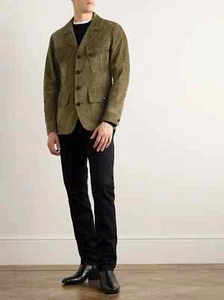 Men's Green Genuine Lambskin Leather Jacket Field Pure Suede Custom Made Jacket - Picture 1 of 11