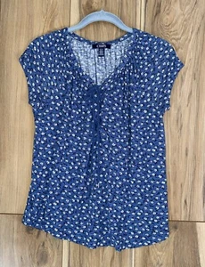 Chaps Women's Size S Top Blue Floral Cap Sleeve Drawstring Neckline Curved Hem - Picture 1 of 8