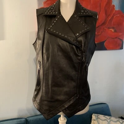 W By WORTH Black Leather Studded Motorcycle Vest Top Size 8 M - Image 1 of 4