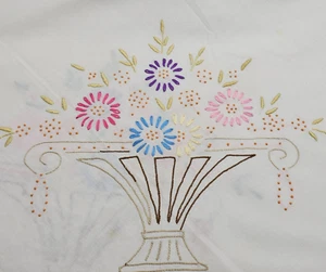 Tablecloth Handmade Embroidered Flower Basket 68" Across Vintage 1940s 50s - Picture 1 of 5