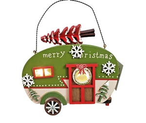 Grüne Camper beleuchtete LED mit Tannenbaum Frohe Weihnachten Figur aus Holz - Bild 1 von 2