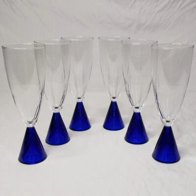 Vintage Set Of 6 Prisma Sasaki Eon Blue Champagne Flutes Glasses Japan 2.5”x7.5” Foto 1 de 4