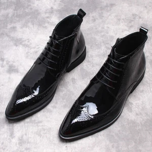 Italian Style Pointed Toe Carved Mens Lace Up Ankle Boots Real Leather Wing Tip - Picture 1 of 28