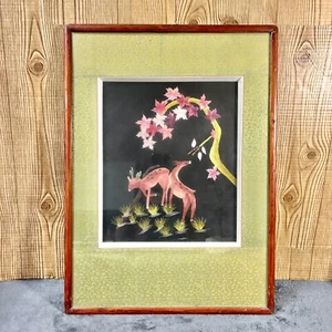 Vintage 70s Crewel Wall Art Deer Fawn Cherry Blossom Framed Embroidery Asian MCM - Picture 1 of 13