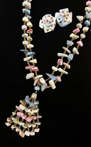 Genuine Mother Of Pearl Chip Necklace Tassel And Cluster Clip Earrings Set Japan - Picture 1 of 19