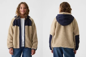 NWT GAP $79.95 Kids Sherpa Hooded Jacket, Iconic khaki, Sz XL (12) - Picture 1 of 4