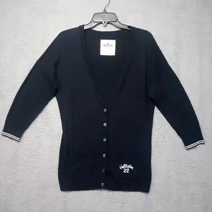 Hollister Y2K Navy Button Up Cardigan Sweater Pockets Varsity Style Womens Large - Picture 1 of 12